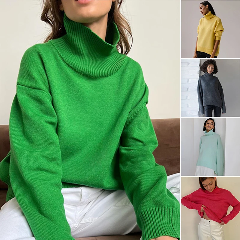 

Chic Autumn Winter Elegant Long Sleeve Loose Warm Tops Women Solid Knitted Turtleneck Sweaters Casual Basic Pullover Jumper