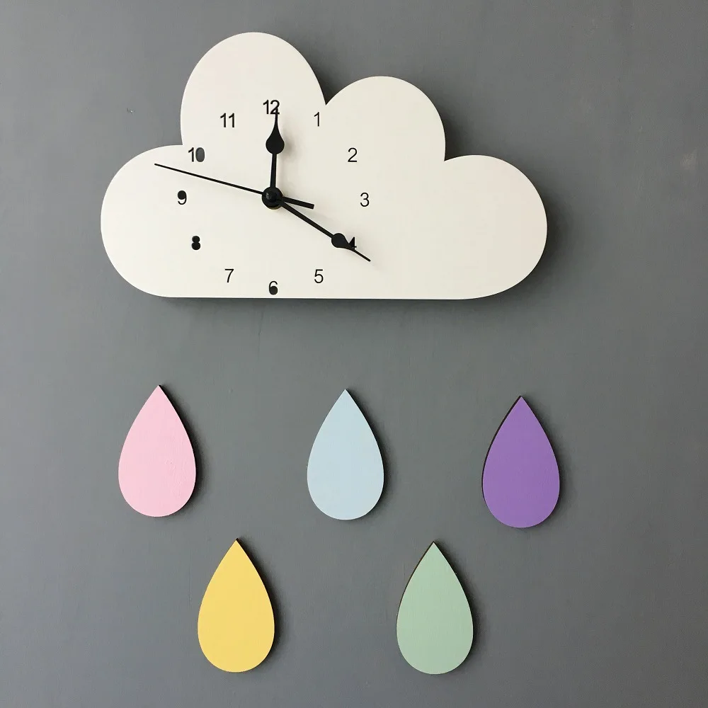 

28*16CM Nordic Wooden Cloud Raindrop Shaped Wall Clock Kids Room Decor Baby Gender Neutral Wall Clock Nursery Baby Gift