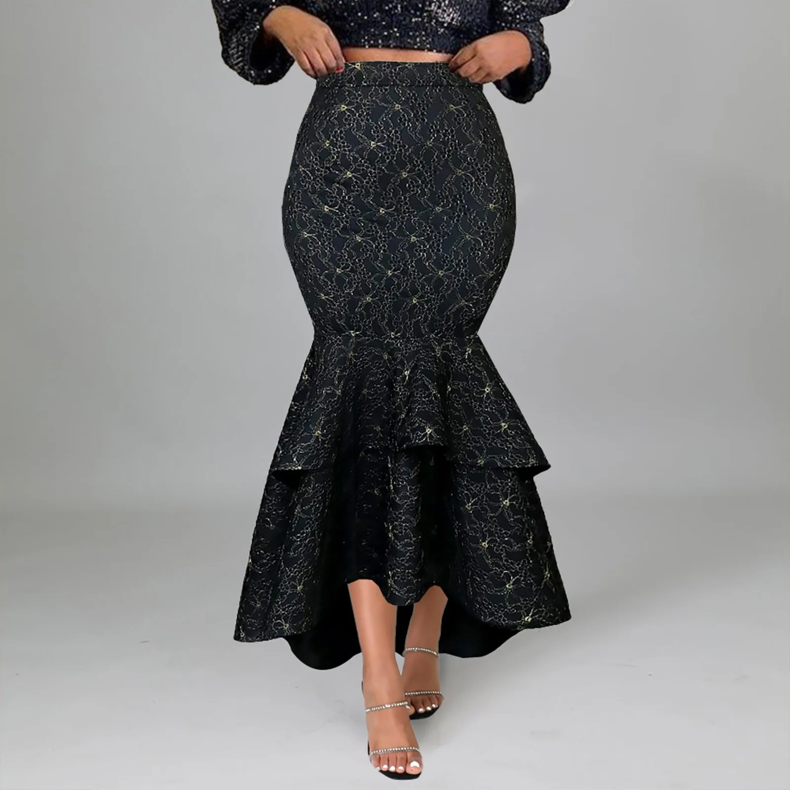

Women's Elegant Slim Show Thin Gold Lace Wrap Buttocks Fishtail Skirt under Skirt Shorts