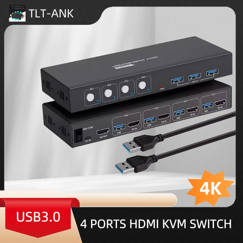 Фото 4-портовый KVM-переключатель USB HDMI-переключатель 4Kx2K при 60 Гц для 4 компьютеров Совместный 1 HD-монитор и 3 USB-устройства Клавиатура Мышь Принтер №1