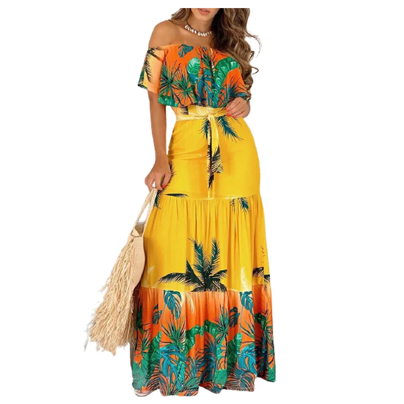 

Holiday Lady Sexy Boho Style Off Shoulder Tropical Print Ruffles High Waist Summer Casual Women's Yellow Maxi Dress With Belt