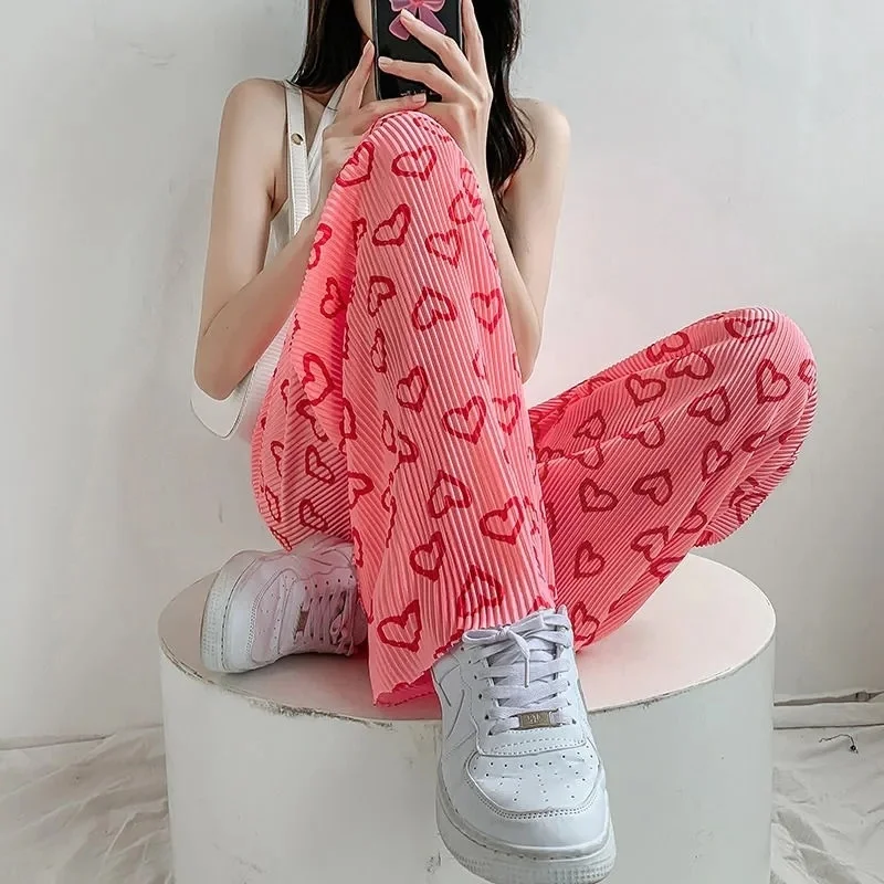 

Pink Hearts Pants Folds Casual Women Thin Summer Wide Leg Trousers New OL Full Length Straight All-match Casual Pants