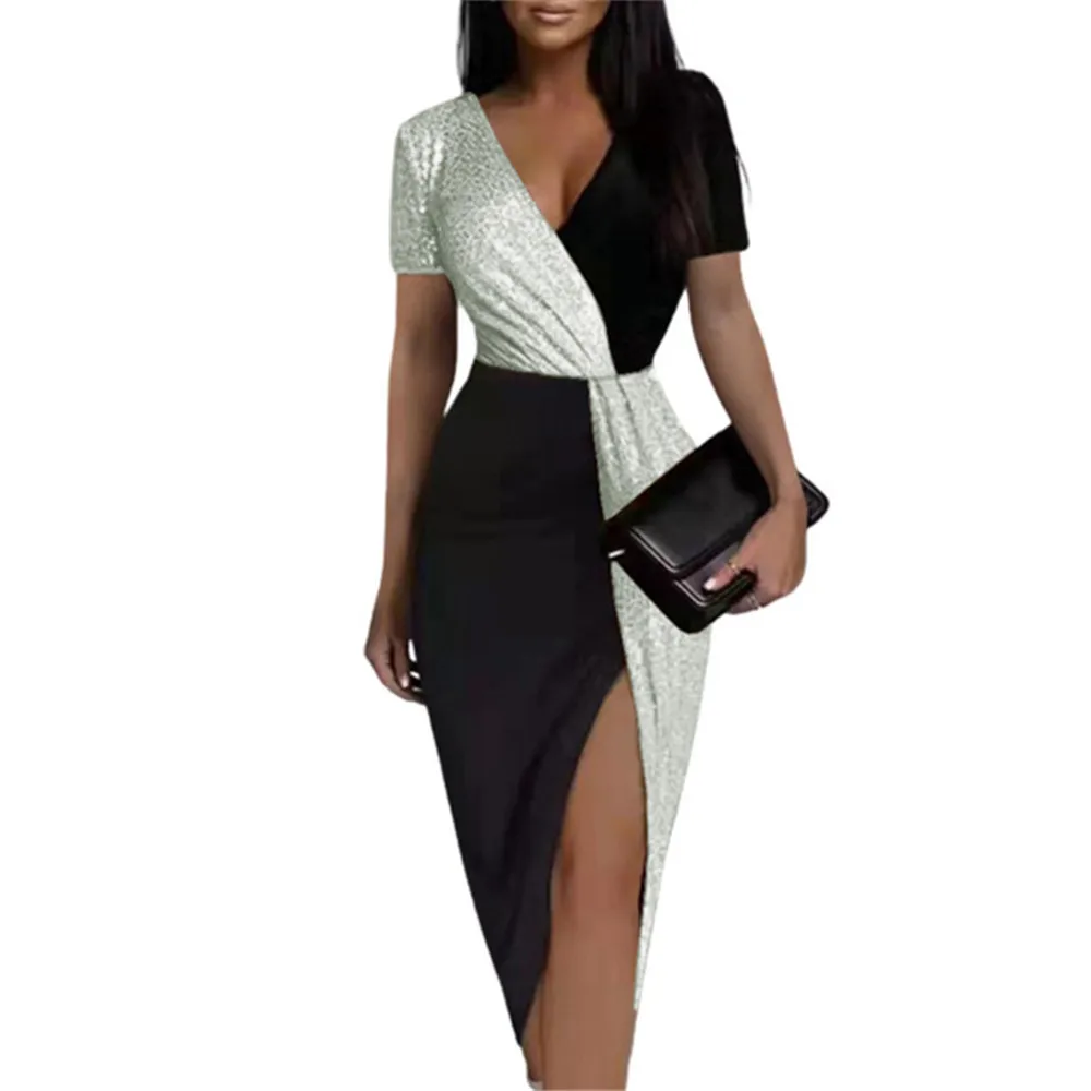 

Summer New Bright Sparkling Splicing High Waist Solid Color Split Mid-Length Skirt Ladies V-Neck Short-Sleeved Pullover Dress