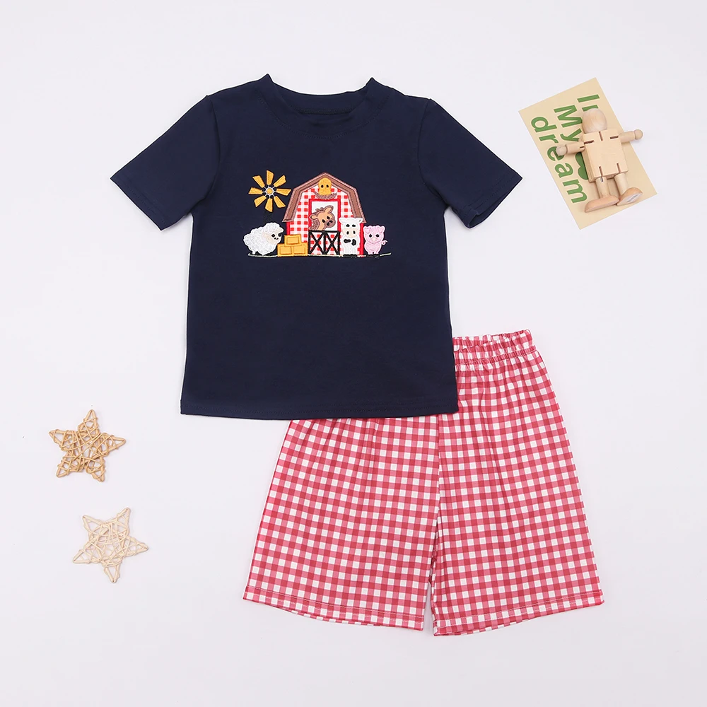 

Baby Boys Fashion Clothes Set Farm Embroidery Bodysuit Children's Lattices Suit Toddler Woven Shorts Kids Clothing 1-8T Outfits