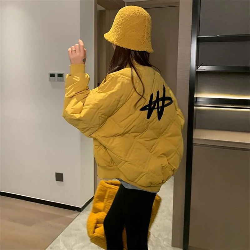 Women Winter Print Letter Cotton Coats Basic Casual Baseball Parkas 2022 Korea Fashion Harajuku Warm Oversized Outercoat Yellow