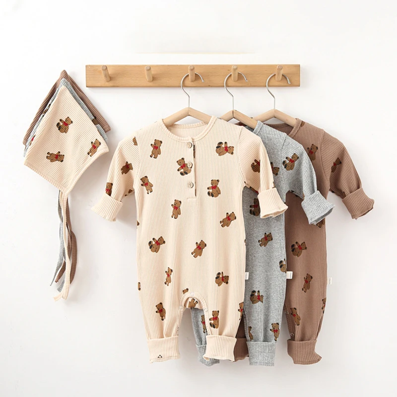 0-24M Bear Cute Printing Baby Romper Long Sleeve Baby Boy Girl Clothes Pitted Newborn Jumpsuit With Hat Ropa Bebe