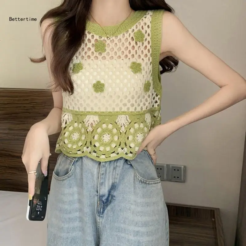 

B36D Womens Sleeveless Camis Crop Top Vest Hollow Knitted-Tank Tops Embroidery Tees