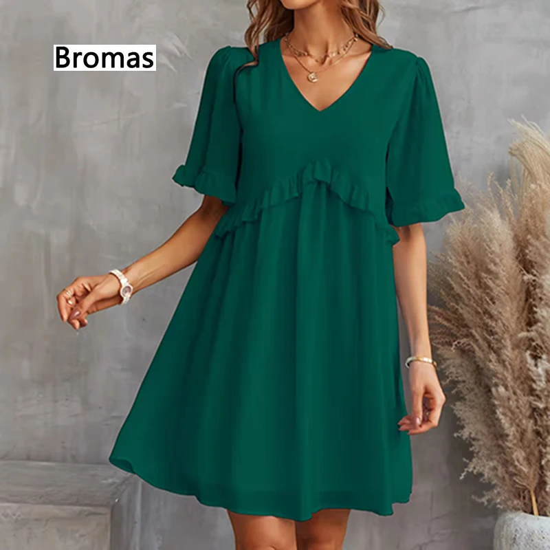 

2022 Summer New Simple Casual Women's Loose Solid Color V-Neck Short-Sleeved Thin Chiffon Dress