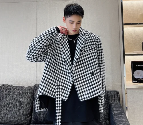 

Men's Fashion Design Lapel Black White Houndstooth Suit Coats Youth Party Tops