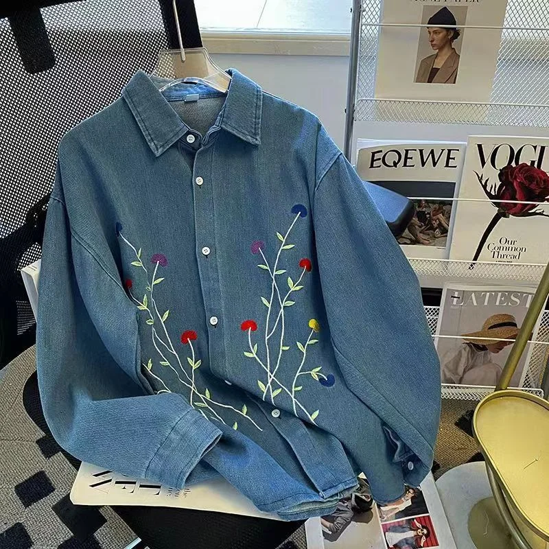 

Retro Embroidered Flower Denim Shirt Men 2022 Autumn Vintage Style Casual Long Sleeve Casual Shirt Women Top Korean Punk Style
