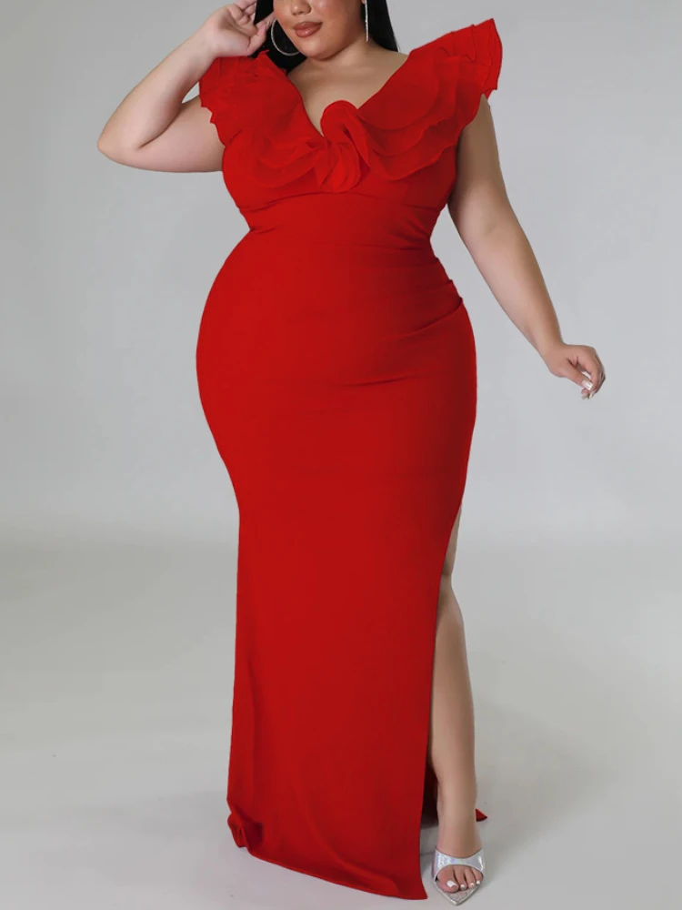 Plus Size Elegant Party Dresses for Women 2023 Tierred Ruffle Sleeveless Robe Bodycon Package Hip Sexy Slit Cocktail Event Gowns