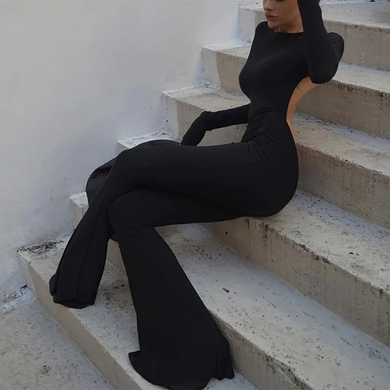 Casual Backless Black Basic Bodysuit for Women Summer Jumpsuits Y2K Fashion Long Sleeves Halter Flare Pants Solid Color Rompers