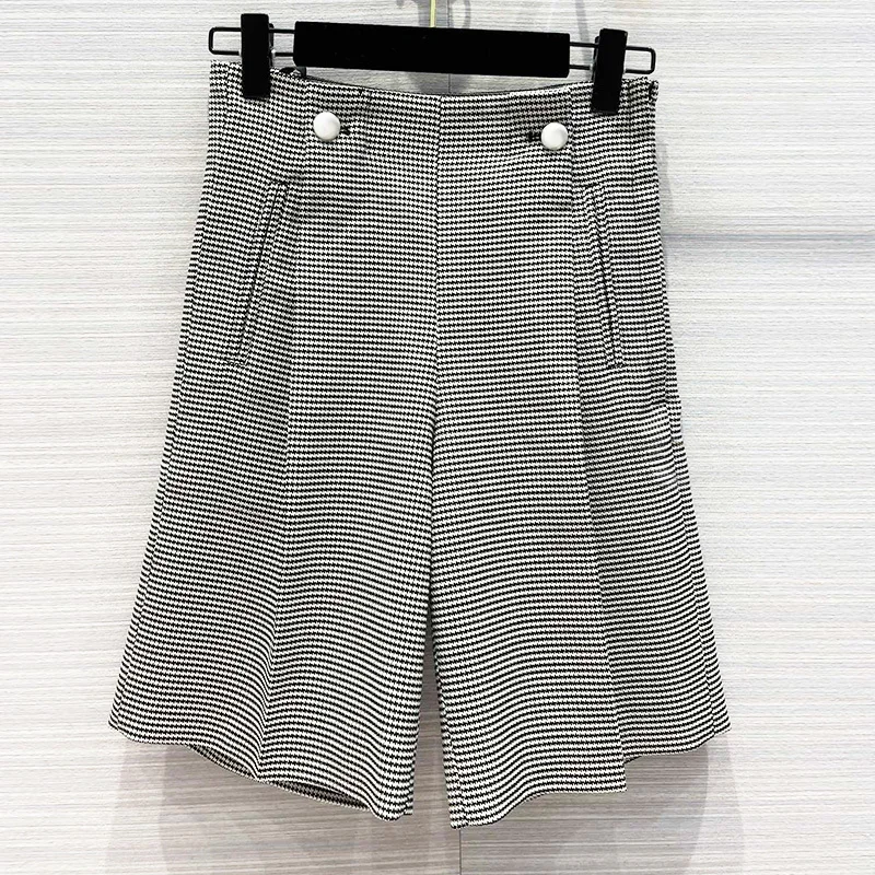 

22 Runway Autumn Houndstooth Wide Shorts Women Vintage High Waist Fashion Overalls Shorts Casual Elegant Plaid Five-point Pants