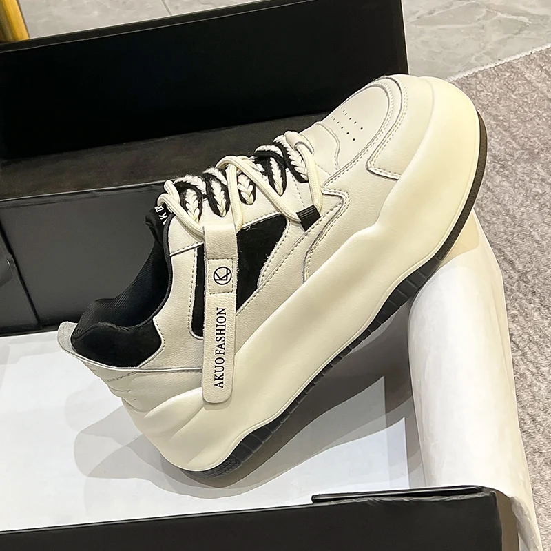 Autuspin 5cm Flat Platform Skateboard Shoes Women Fashion Round Toe Genuine Leather Females Vulcanized Sneakers Casual Size 39