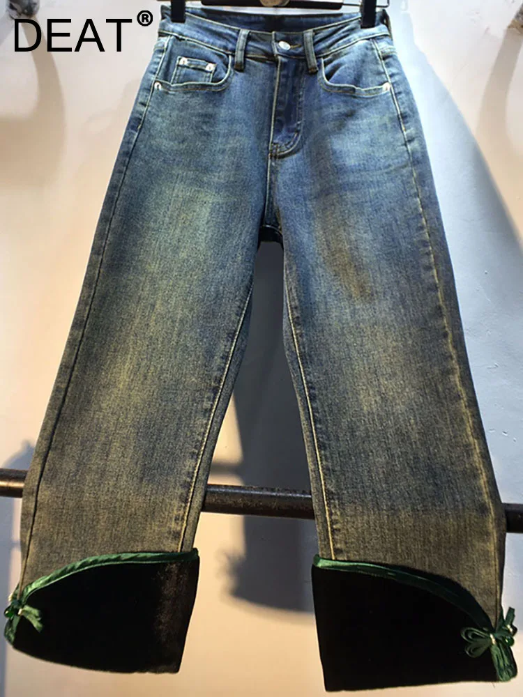 

Женские джинсы с высокой талией DEAT, облегающие бархатные джинсовые брюки до щиколотки с зелеными краями и манжетами, Новинка осени 2023, 29L3681