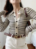 new vintage striped cardigans women fashion slim polo collar knitted sweater jacket female spring autumn