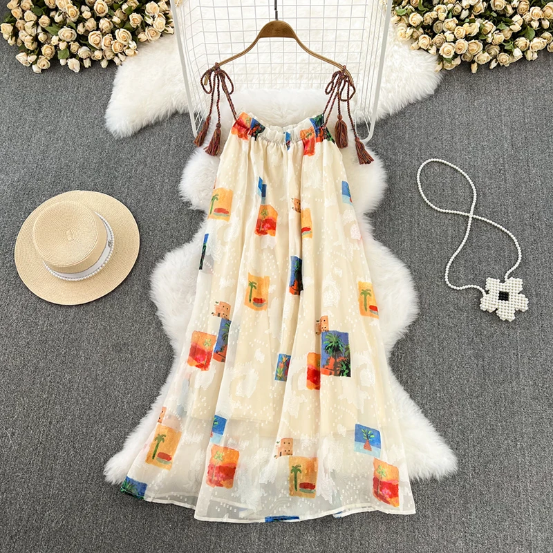 

ELLIEXI Loose Lace-up Print Dress Women Sleeveless Spaghetti Strap Slash Neck Dresses Ladies Long Seaside Beach Vestidos