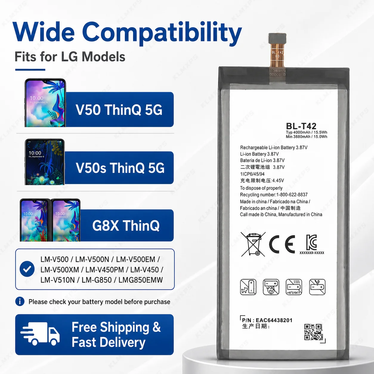 Фото Аккумулятор BL-T42 для смартфона LG V50 ThinQ 5G V50ThinQ LM-V500 V500N V500EM V500XM, перезаряжаемая батарея, новинка, в наличии №4