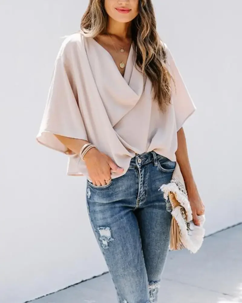 

2022 Spring Summer New Elegant Office Lady Long Sleeve Woman's Blouse Women Sexy V Neck Batwing Sleeve Cowl Neck Tops