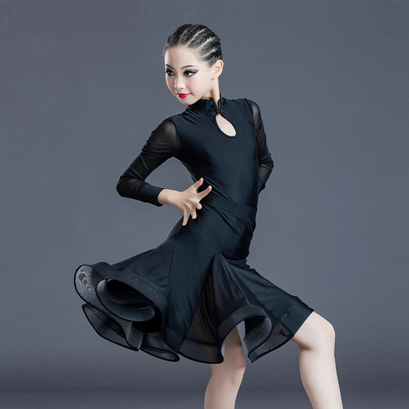 

Детское платье для латиноамериканских танцев, костюм с длинным рукавом для соревнований, танцевальная одежда для девочек, одежда для тренировок, боди, юбка VDB7027