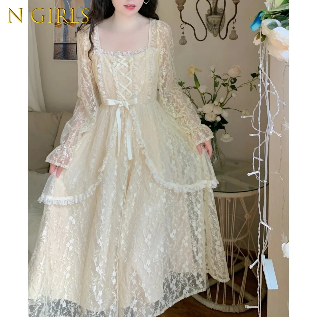 

N GIRLS Herstory Lace Dresses For Women Casual 2022 Fairy White Strap Maxi Dress Lolita Harajuku Spring Summer Dress faldas