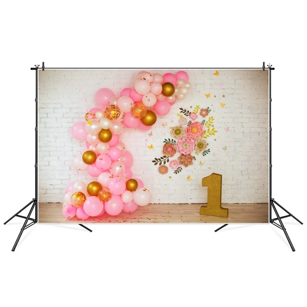 

1st Baby Birthday Party Photography Backgrounds Golden Balloons Glitter Brick Carving Flowers Backdrops Photographic Portrait