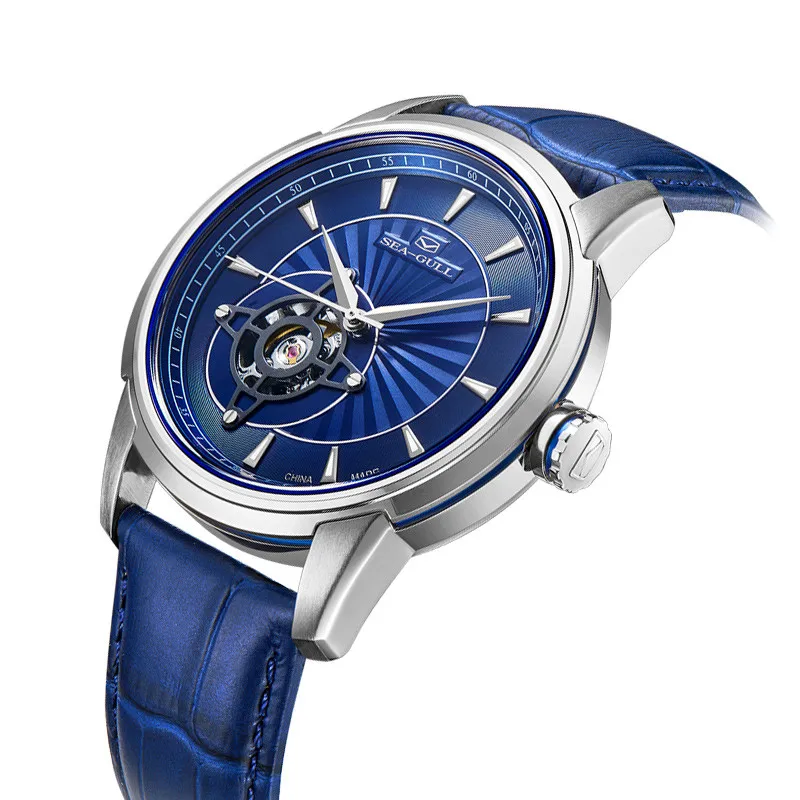 2022 Seagull Men's Watch Automatic Mechanical Watch Business Fashion Blue Waterproof Leather Hollow Flywheel Watch 1014K