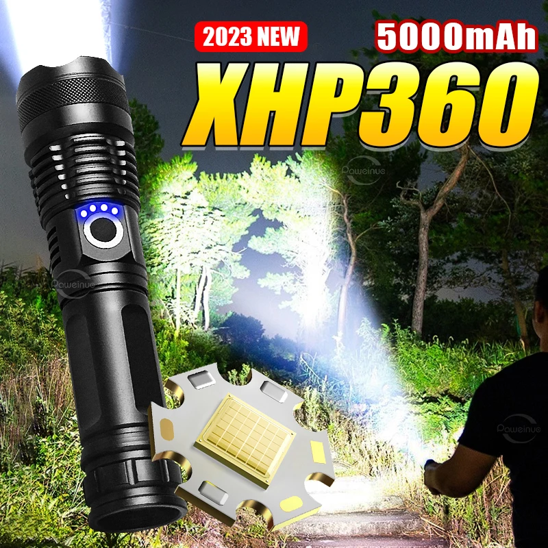 

2023 XHP360 LED Ultra Powerful Flashlight Type-C Rechargeable LED Lantern 60W High Power LED Flashlight Camping Long Shot Torch