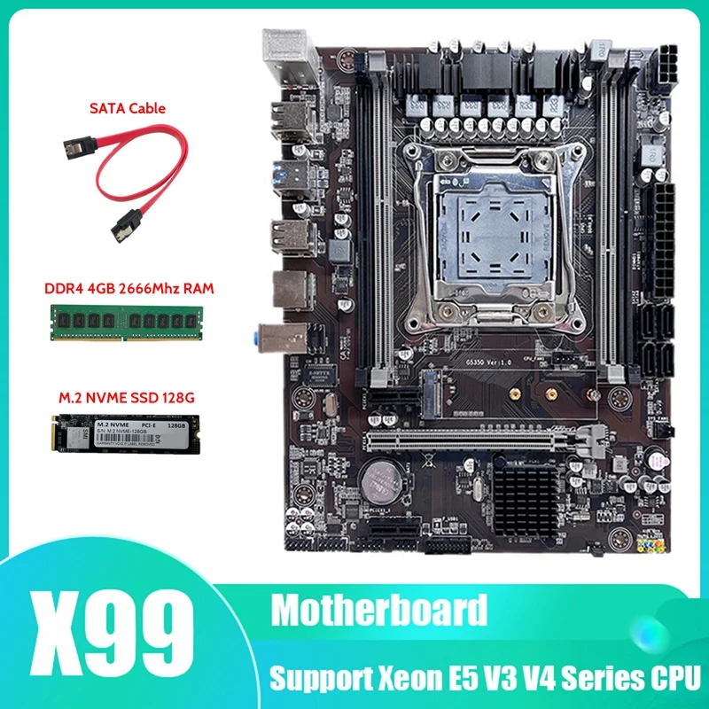

Материнская плата X99, системная плата, поддержка DDR4 RAM с M.2 SSD 128G + DDR4 4G 2666 МГц RAM + SATA кабель