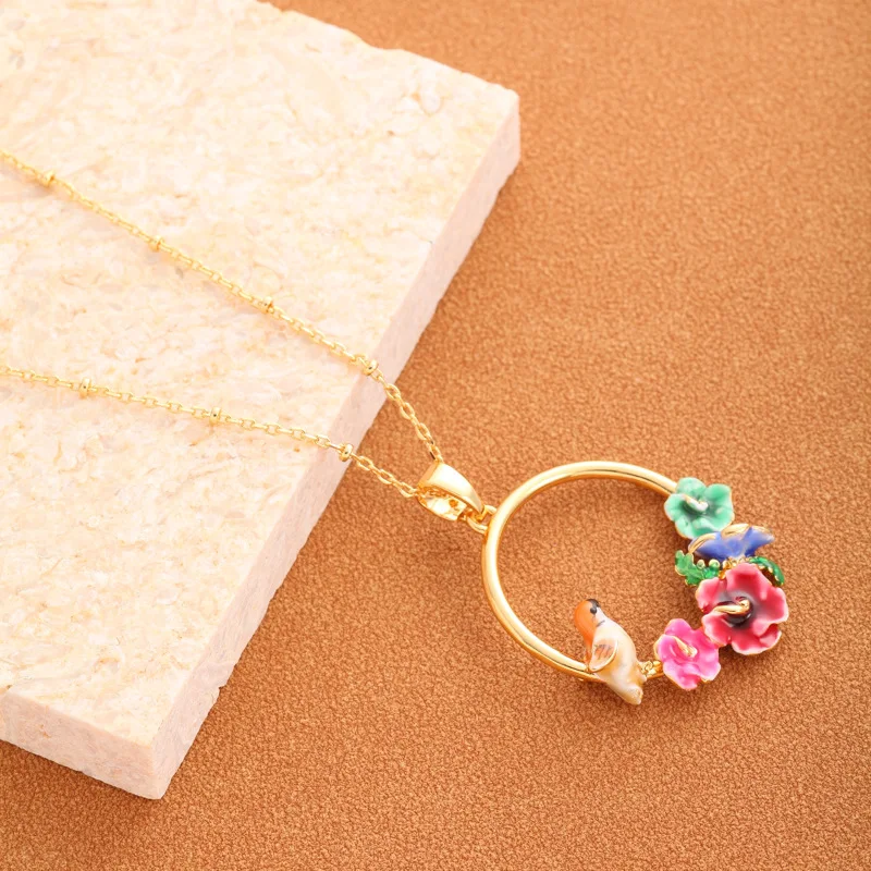 

European and American Jewelry Enamel Pastoral Style Colorful Flowers Three-dimensional Cute Bird Ring Pendant Fashion Necklace