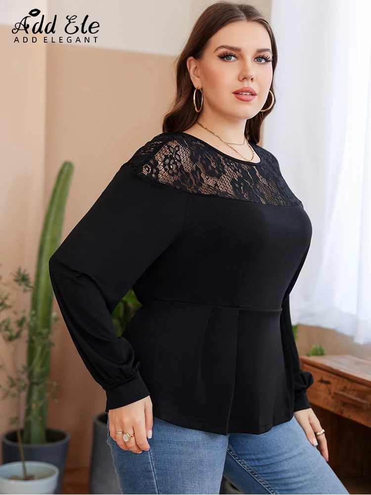 Add Elegant Plus Size Solid Blouses Women 2022 Autumn Commuter Casual O-Neck Lace Hollow Out Lantern Sleeve Stylish Tops B986