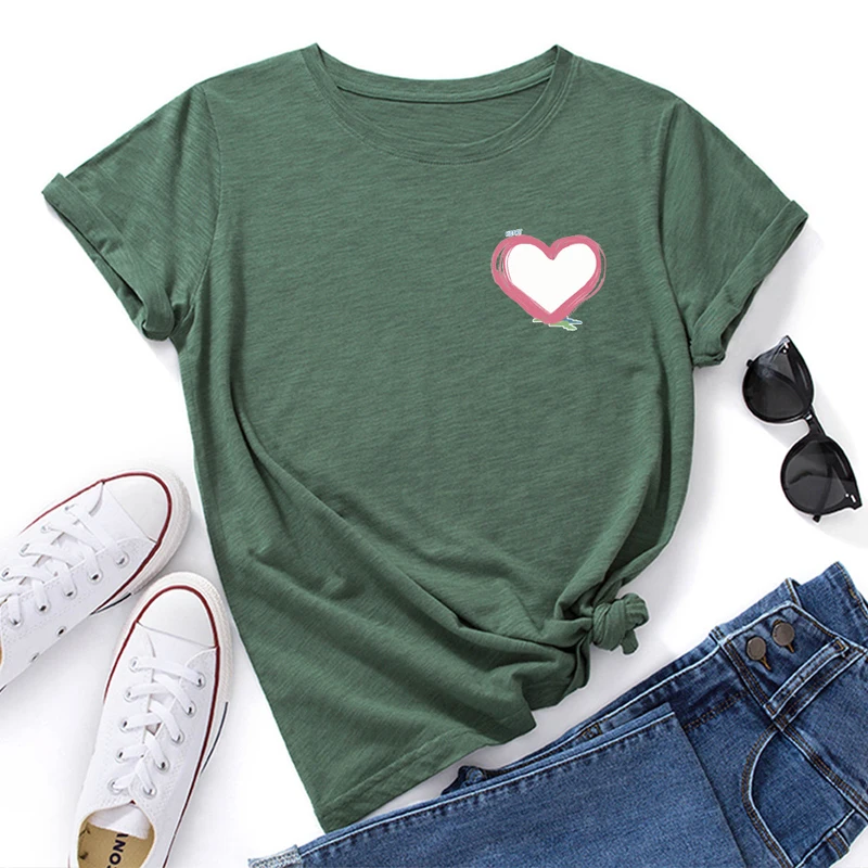 

Summer Cotton Women Heart Print T Shirt S-5XL Versatile Short Sleeve Tees Tops Casual Simple O-Neck Female TShirts