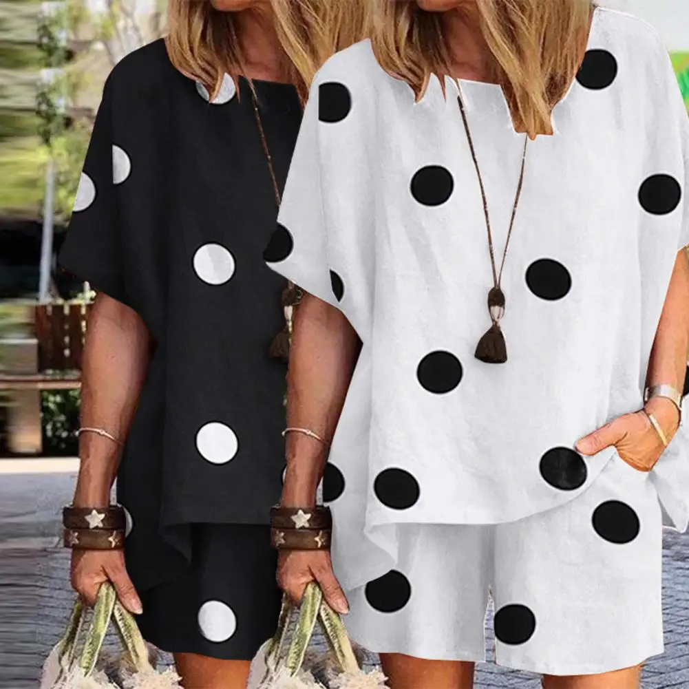 

2Pcs/Set Stylish Women Outfits Split Type Pullover Short-sleeved Polka Dot Print Women Outfits