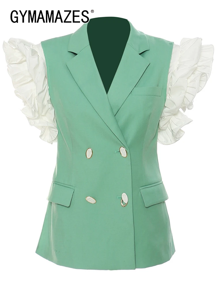 

GYMAMAZES High Street Colorblock Blazer For Women Notched Collar Pile Up Sleeves Double Breasted Coats Female 2022 Clothing New