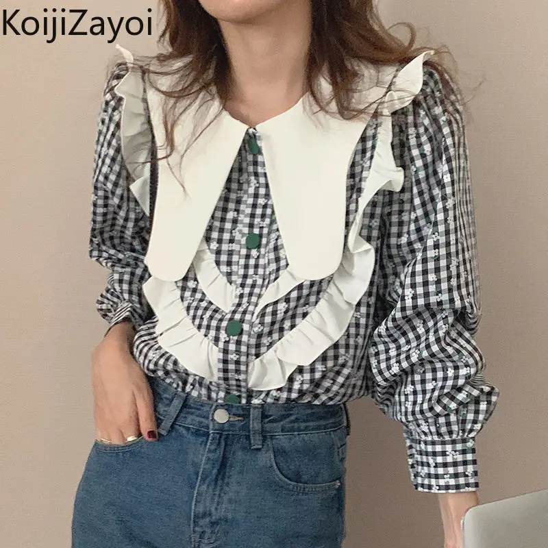 

Koijizayoi Japan Style Women Plaid Loose Shirt Long Sleeves Peter Pan Collar Spring Shirt Lady Fashion Blusas Ropa Mujer 2022