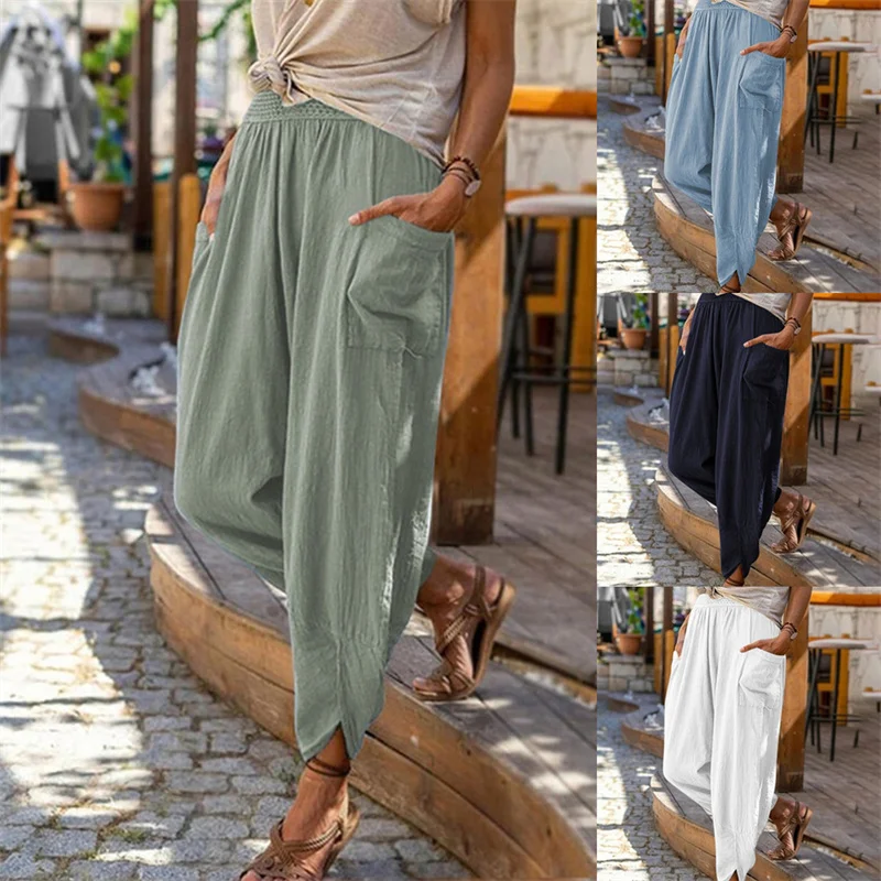 

Summer 2022 New Casual Fashion Solid Linen Loose Pocket Wide Leg Radish Harem Pants Women Ankle-length Trousers Female Bloomers