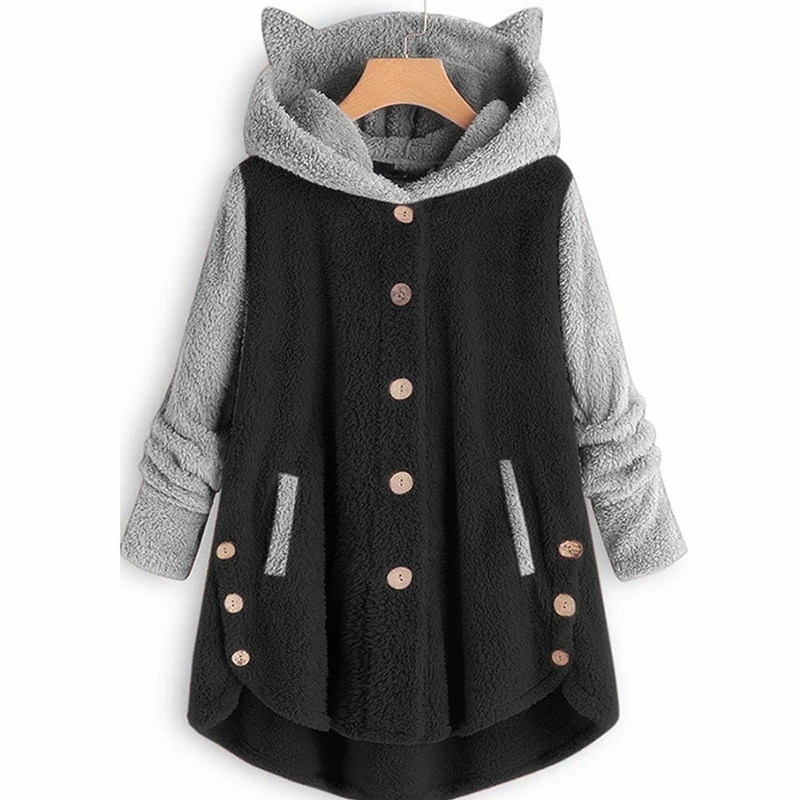 Single Breasted Winter Coat Women Ear Cat Warm Coats Flannel Soft Hood Clothes Black Full Sleeve Parka Ladies Hooded Parkas LM30