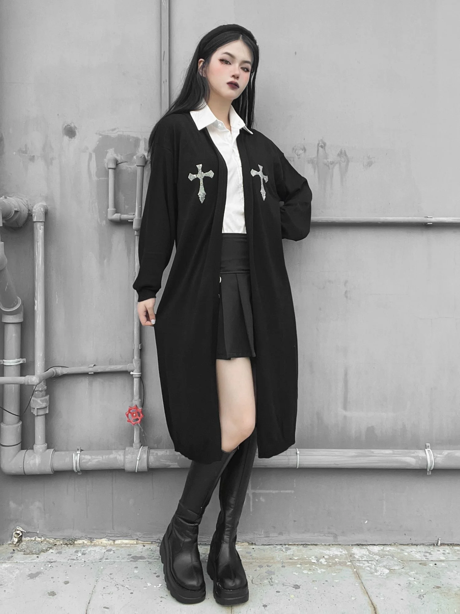 

2022 New Fashion Women Goth Long Coat Printing Patchwork Long Sleeve Gothic Style Ladies Mid-length Coat For Autumn Winter