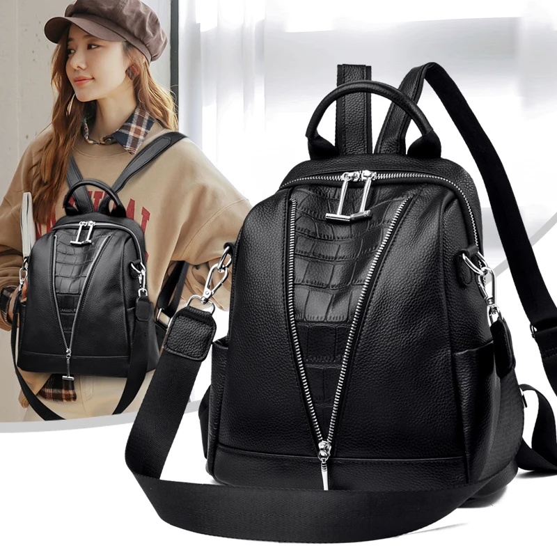 

New Chic Women Travel Backpacks Genuine Leather Backpack Large Capacity School Bag Casual Bookbags Multi-function Feminina Bolsa