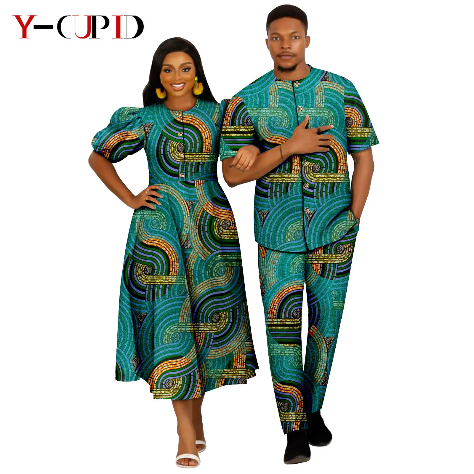 African Print Dresses for Women Matching Couples Clothes Dashiki Men Outfit Bazin Riche Top Shirt and Pant Sets 24C074