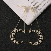 contracted long earrings for women elegant vintage luxury moon zircon pendant chain dangle earrings 925 silver pins earrings