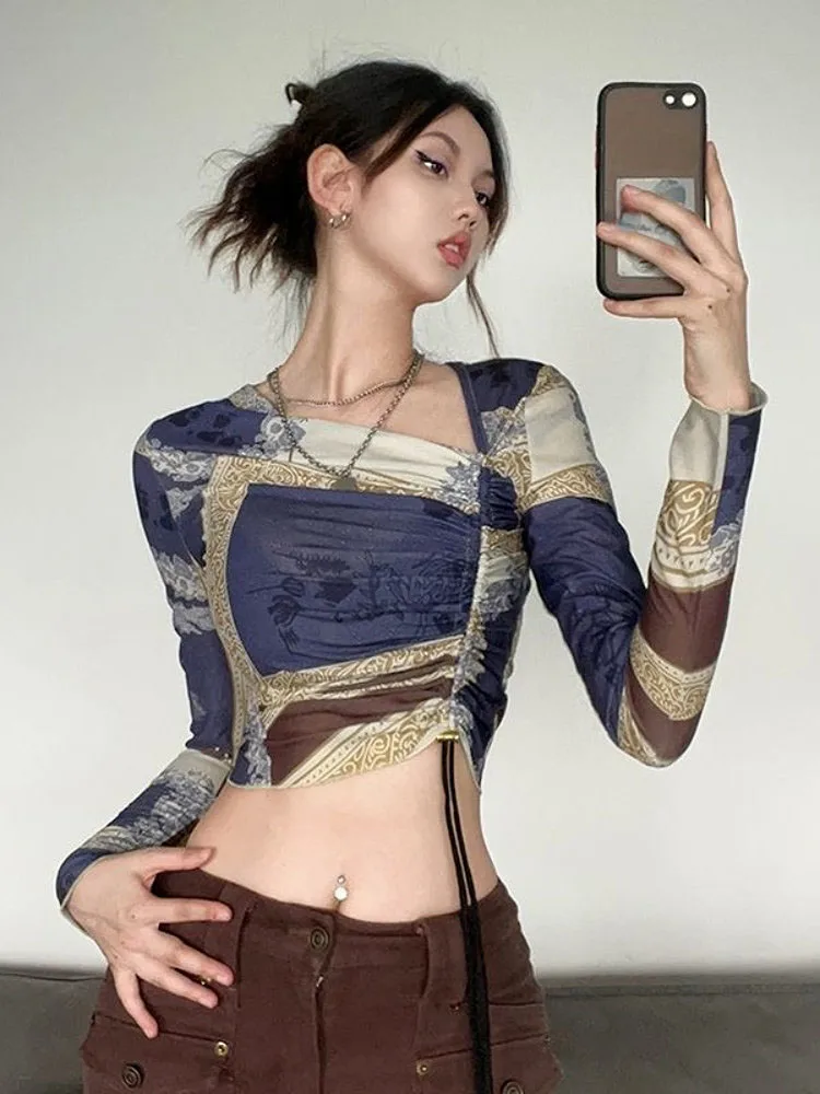 

Женский укороченный Топ Harajuku с длинным рукавом, Женская эстетичная плиссированная футболка Y2k с винтажным принтом в стиле Харадзюку, футболки