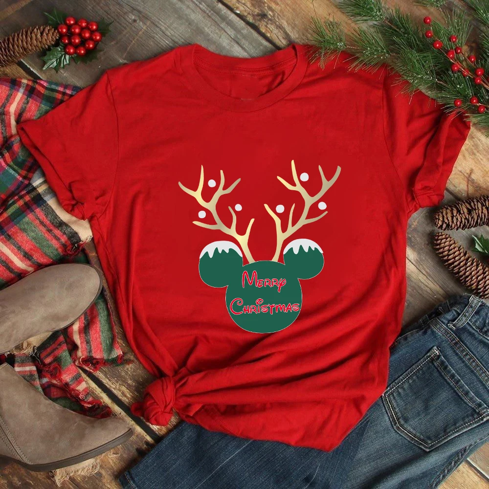 

Merry Christmas Clothes Aesthetic Mickey Reindeer Print Disney T-shirt Womens Fashion Home Casual Tops Tees Xmas Eve Camiseta