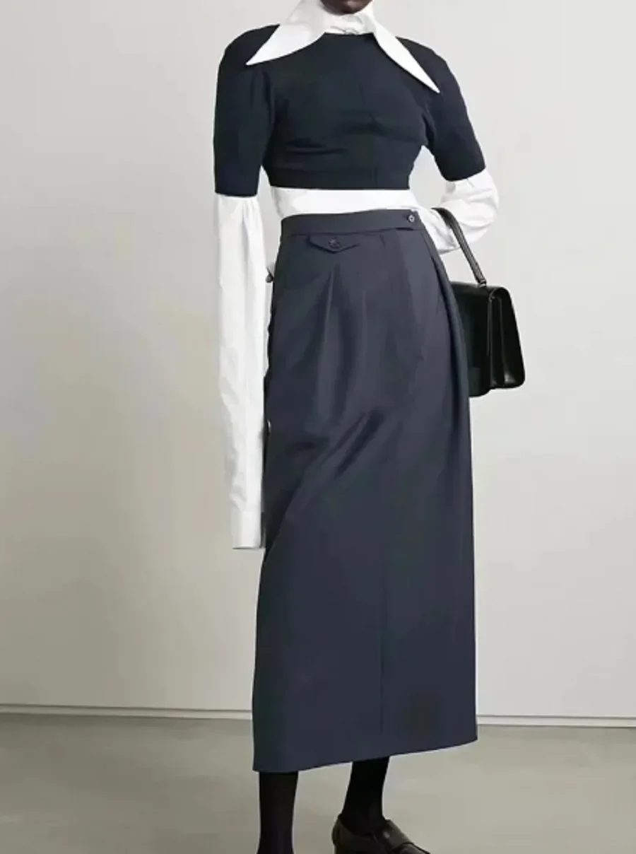 

Women's Shirt Big Turn-down Collar Or Midi Skirt A-Line Slim Office Lady Set