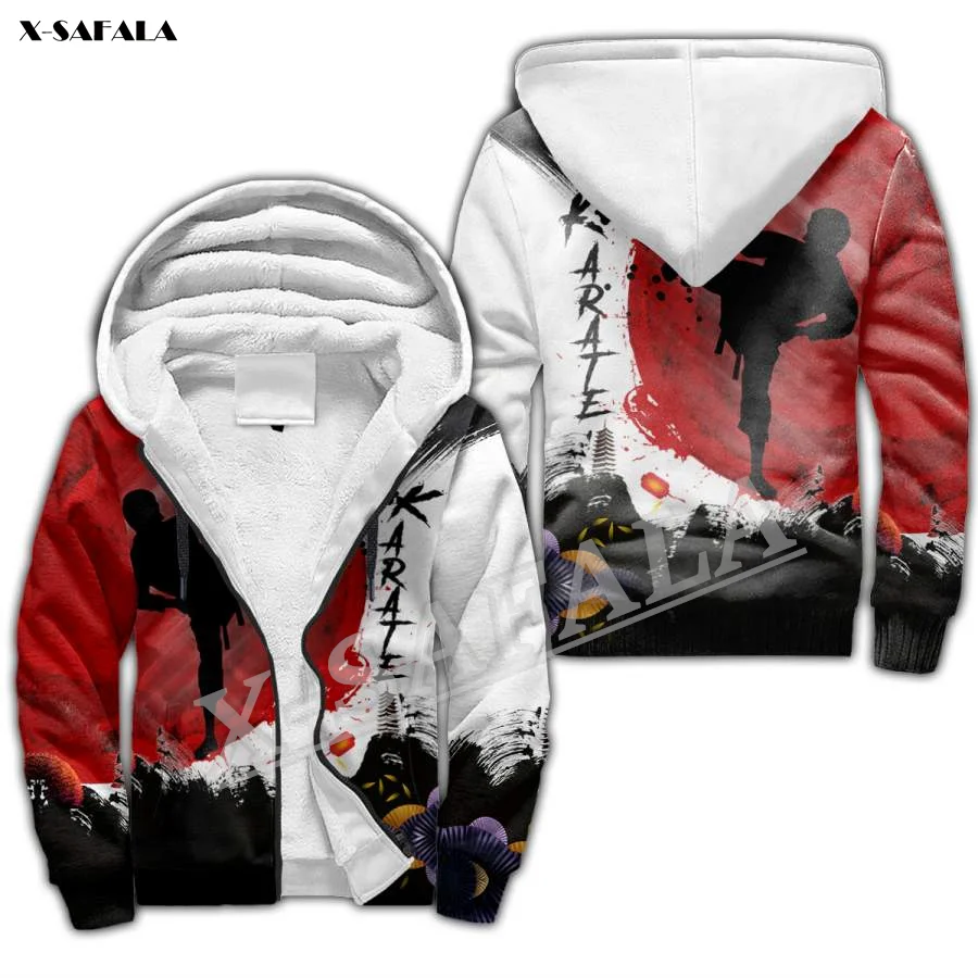 Karate Sport Game 3D Print Men Warm Thick Fleece Zipper Hoodie Jacket Windproof Pullover Coat Hooded Outwear US Size Winter