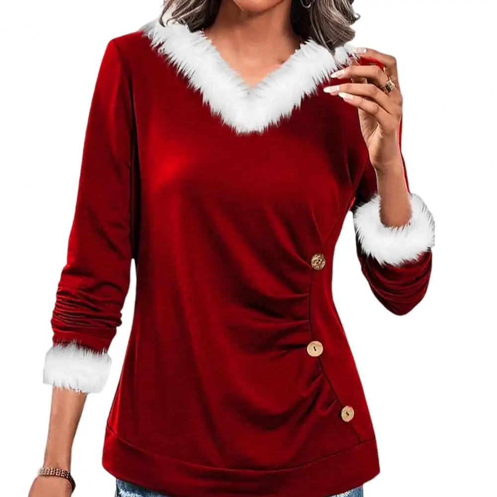 

Women V-neck T-shirt Stylish Women's V Neck Button Decor Pleated Color Matching Pullover Cozy Warm Fall/winter For Christmas