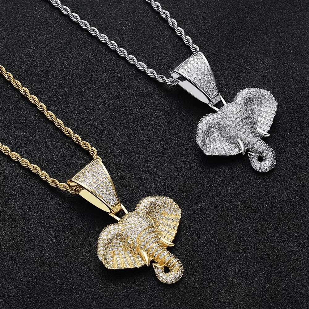 

2022 Brand New Hip Hop Cubic Zircon Pave Bling Elephant Animal Pendant Necklace Men Women Fashion Jewelry Gold