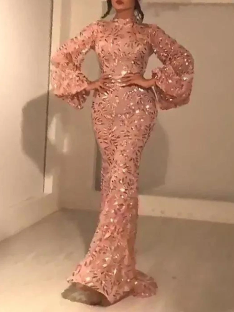 

Shiny Gown Glitter Dress Women Print Sequins Turtleneck See Through Autumn Spring Sexy Evening Fashion Party Prom Dresses 2022