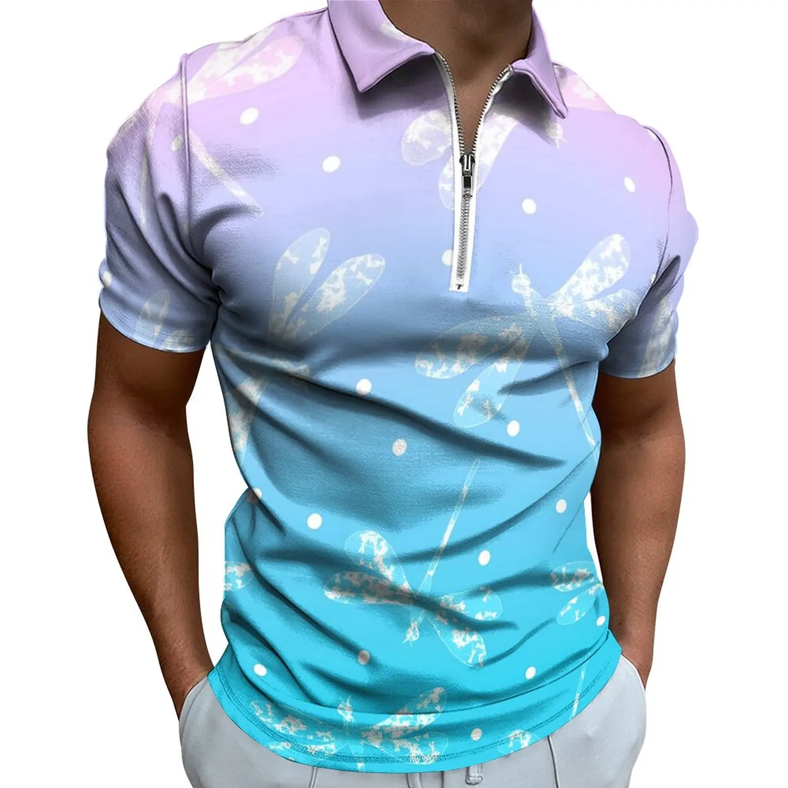 

Ombre Dragonfly Polo Shirts Man Abstract Design Casual Shirt Beach Trendy Zipper T-Shirts Short-Sleeve Custom Oversized Clothes