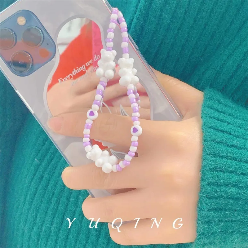 

New Trendy Purple Heart Phone Chains For Women White Bear Soft Clay Mobile Strap Pendant Charm Anti-Lost Lanyard Jewelry Gift